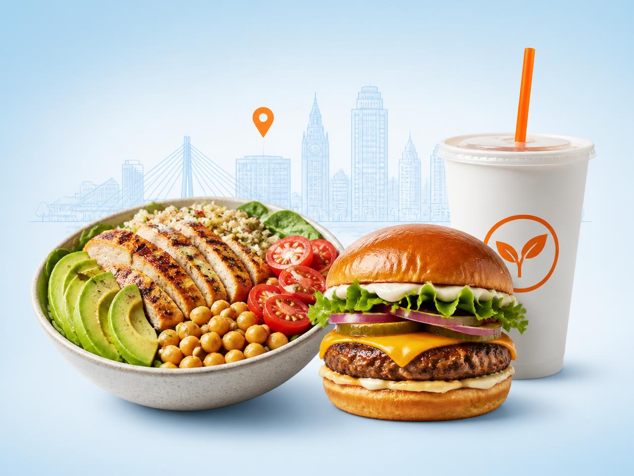 A grilled chicken bowl, a cheeseburger and a drink in front of a pale blue city skyline